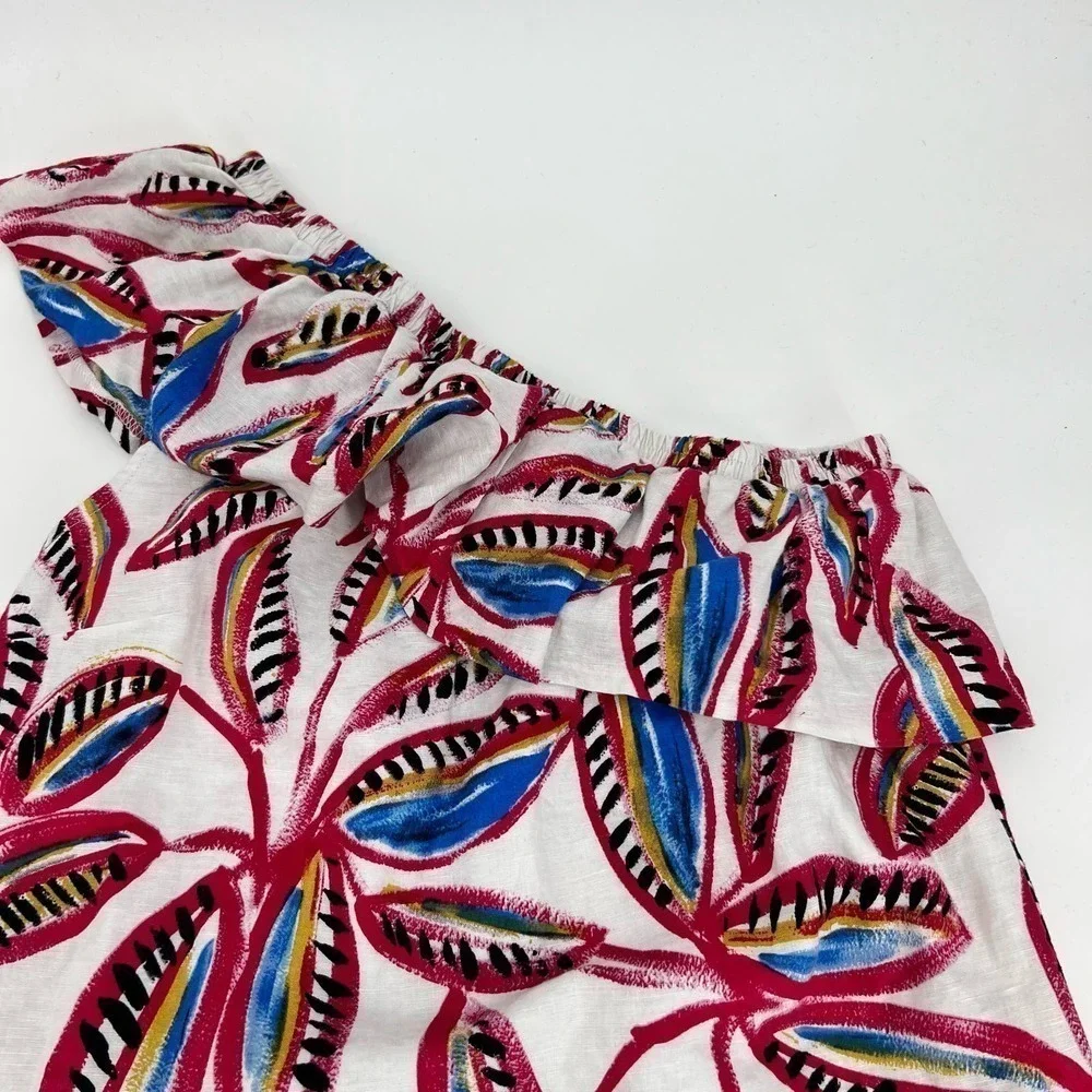 J Crew tropical leaf Floral One Shoulder Dress Ruffle Sleeveless J0954 hawaii XS